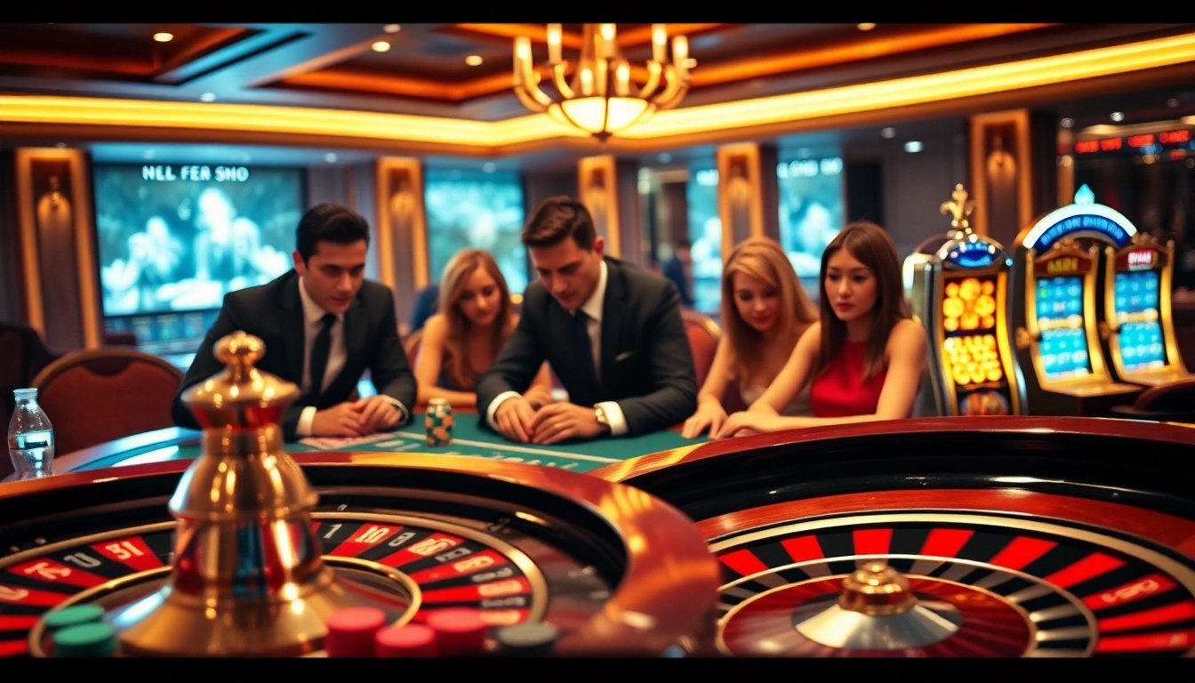 Players enjoying a thrilling game at NK88 casino with vibrant chips and roulette.