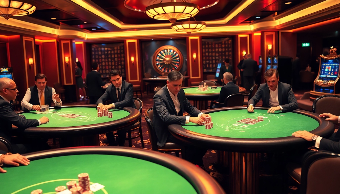 Players engaging in a high-stakes game at mb66 casino, showcasing excitement and luxury.