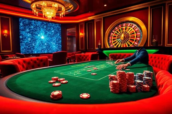 S666 casino table with vibrant poker chips and illuminated roulette wheel, capturing thrilling gambling energy.