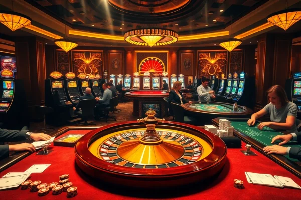 Experience the thrill of gaming at K9K9, featuring poker tables and roulette wheels in an upscale casino environment.