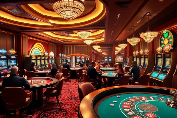 Exciting game action at trang chủ 789p showcasing luxury casino tables and vibrant slot machines.