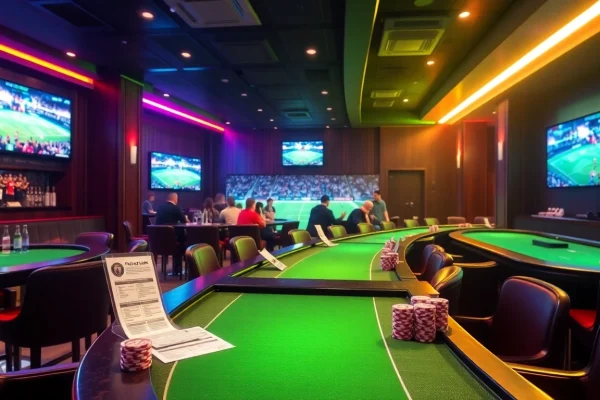 xem bóng đá trực tiếp in a luxurious sports bar setting with excited fans and high-end betting elements.