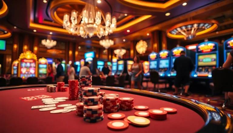 Engaging scene of Luck8 games at a luxurious casino with vibrant poker tables and spinning roulette wheels.
