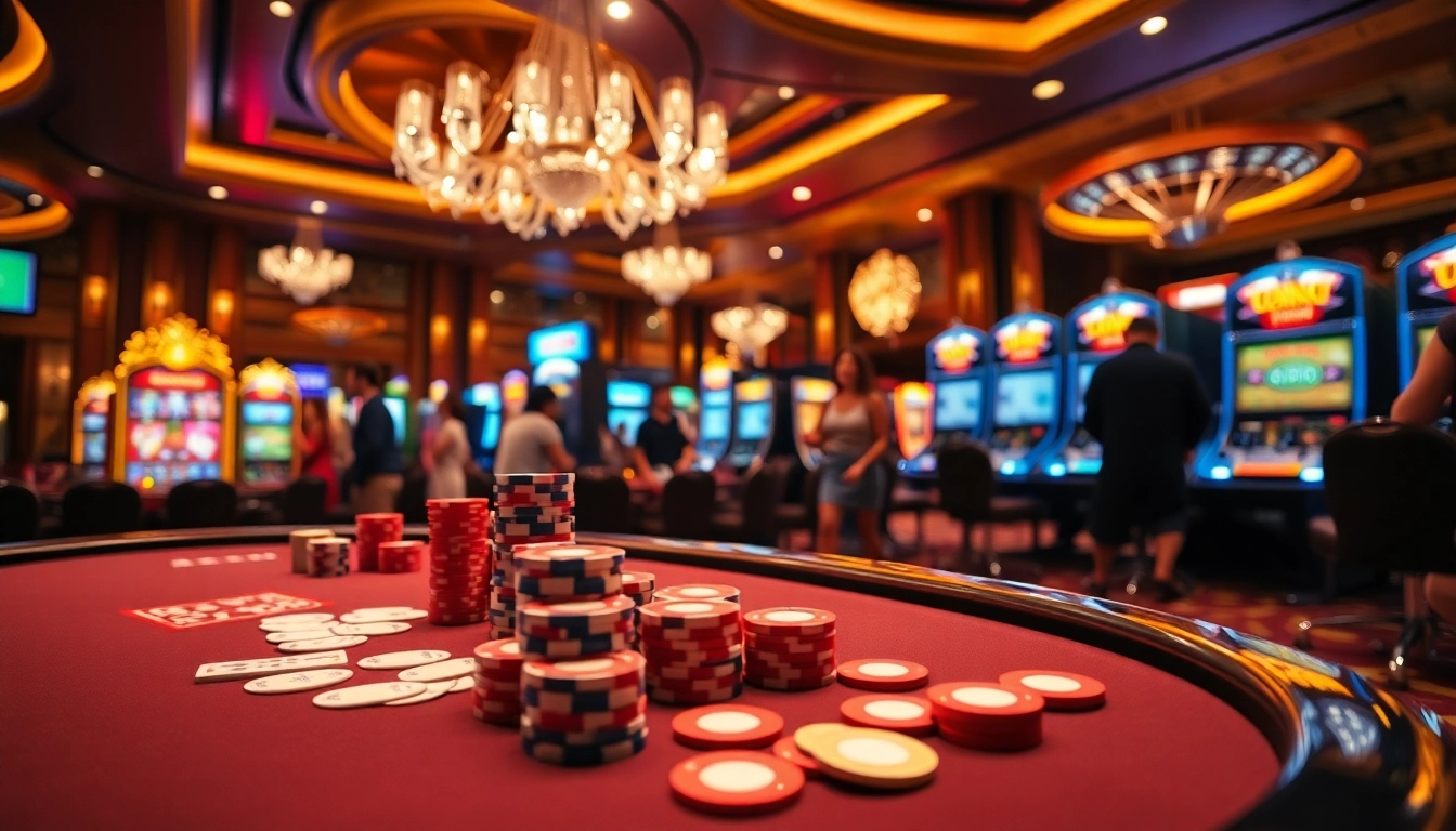 Engaging scene of Luck8 games at a luxurious casino with vibrant poker tables and spinning roulette wheels.