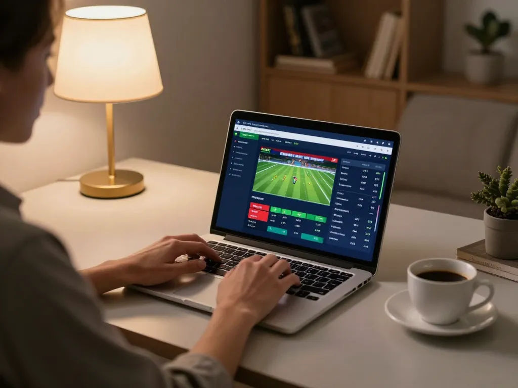 Sbobet user placing strategic bets during online gaming session in a cozy home office.