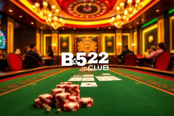 B52 CLUB offers an exhilarating poker game experience with vibrant chips and a luxurious casino table.