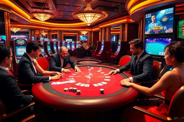 Engaging scene of blackjack and slot machines in a casino with a screen displaying ดูบอลสด, symbolizing excitement and professional gambling.