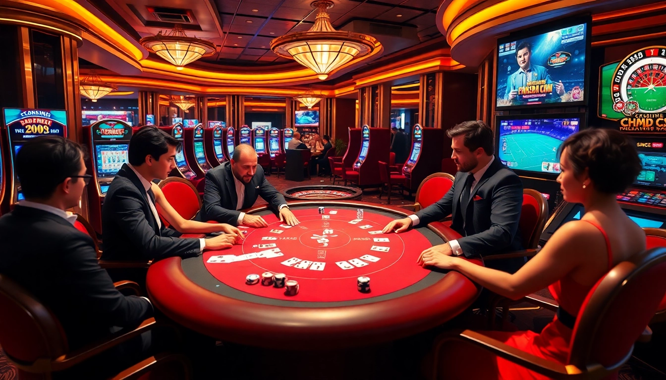 Engaging scene of blackjack and slot machines in a casino with a screen displaying ดูบอลสด, symbolizing excitement and professional gambling.