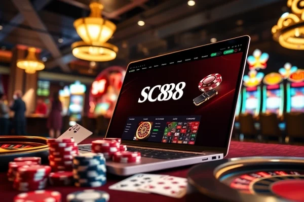 Experience SC88 online gambling with vibrant casino elements like poker chips and roulette.