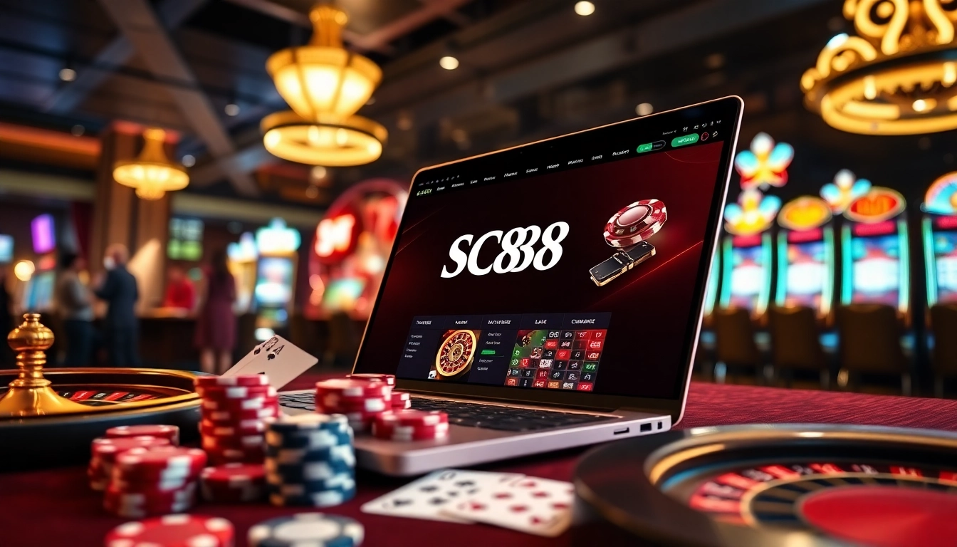 Experience SC88 online gambling with vibrant casino elements like poker chips and roulette.