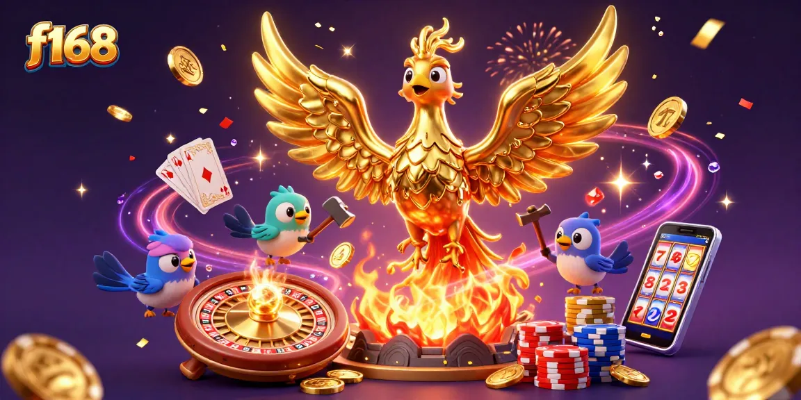 Win big with f168 featuring stunning 3D phoenix and golden casino elements in a dynamic scene