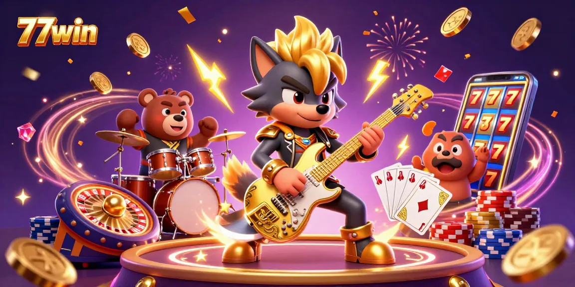 Engage in thrilling gameplay at 77win, featuring exhilarating cartoon characters amidst vibrant casino elements.