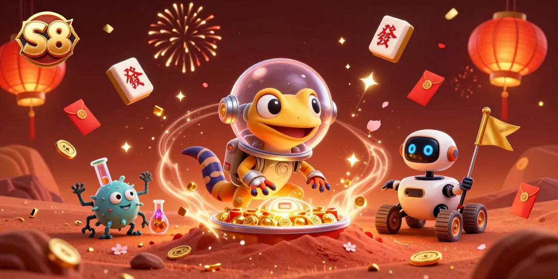 Cheerful Martian gecko celebrates at S8 casino, surrounded by festive gaming elements.