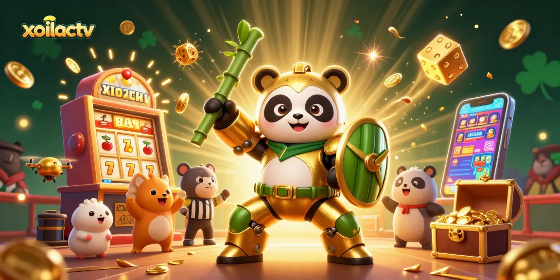 Experience gaming thrill with xoilactv in vibrant 3D casino illustration featuring a golden panda and dynamic elements.