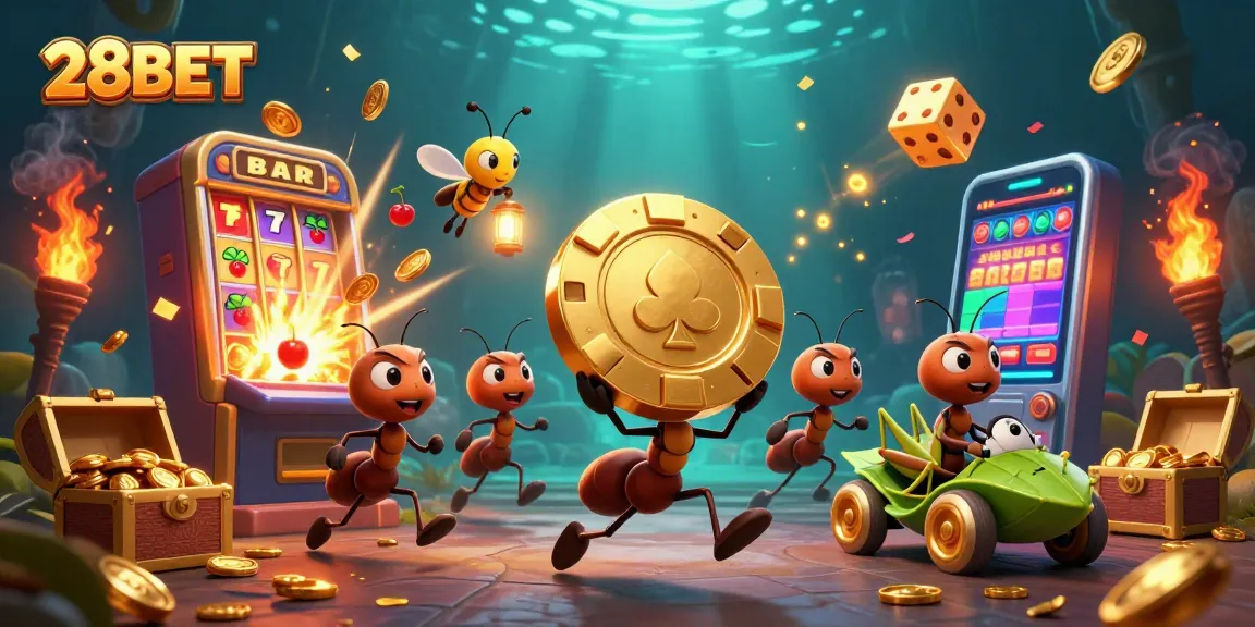 Experience 28BET with a thrilling heist scene featuring ants, golden chips, and dynamic casino action.