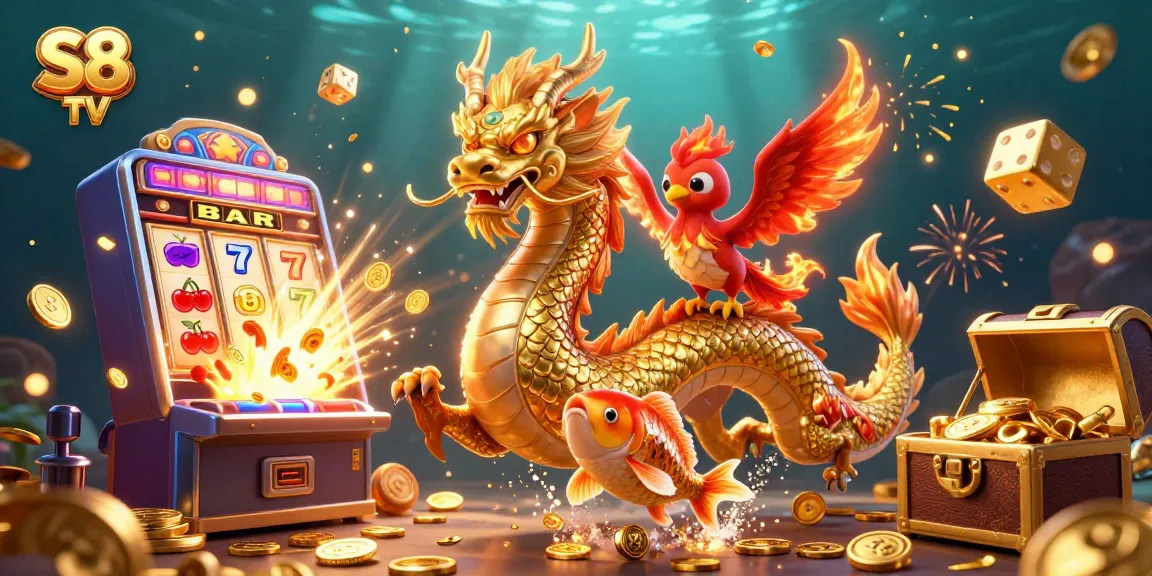 S8 TV showcases a dragon and phoenix captivatingly amidst a shower of coins and gaming symbols.