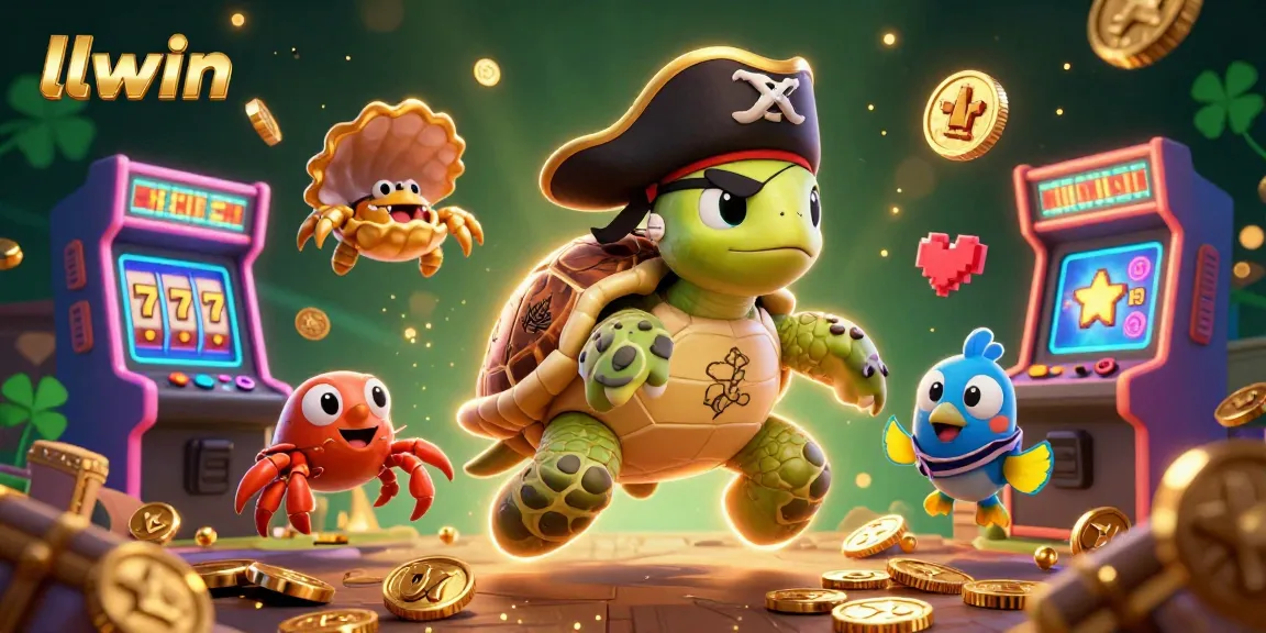 Engage with llwin's vibrant casino scene featuring a pirate turtle and colorful game elements.