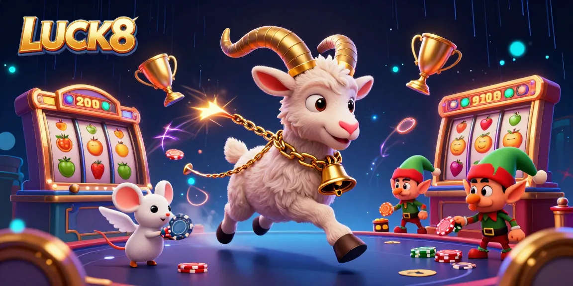Engage in LUCK8's thrilling casino scene full of slot reels, festive characters, and exciting energy!