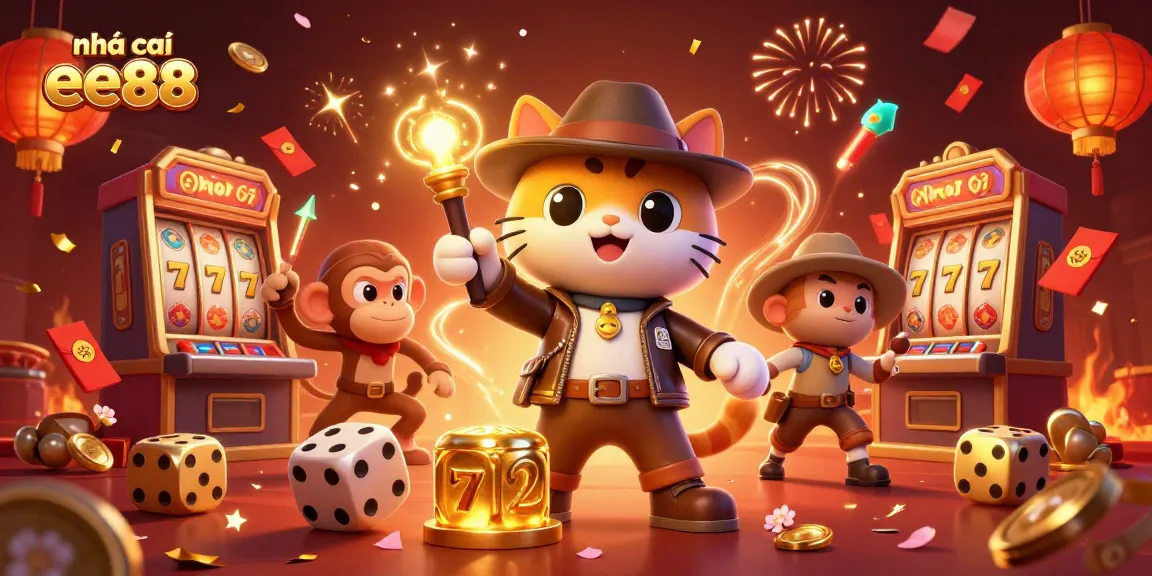 Engage with nhà cái ee88 in a vibrant casino scene featuring a cat explorer and golden artifacts.