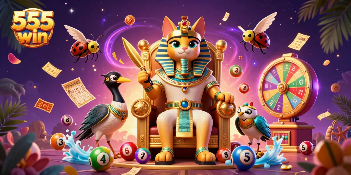 Experience the excitement of 555 win with vibrant lottery elements and 3D characters in a dynamic casino scene.