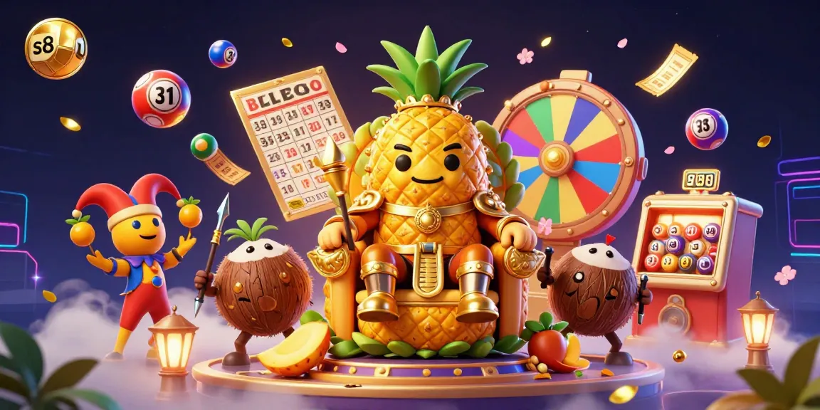 S8 online casino scene illustrating vibrant lottery elements with the pineapple king and companions.