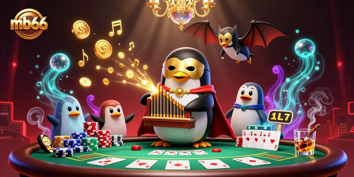Play thrilling games at mb66 with a lively casino scene of a penguin, poker chips, and golden coins.