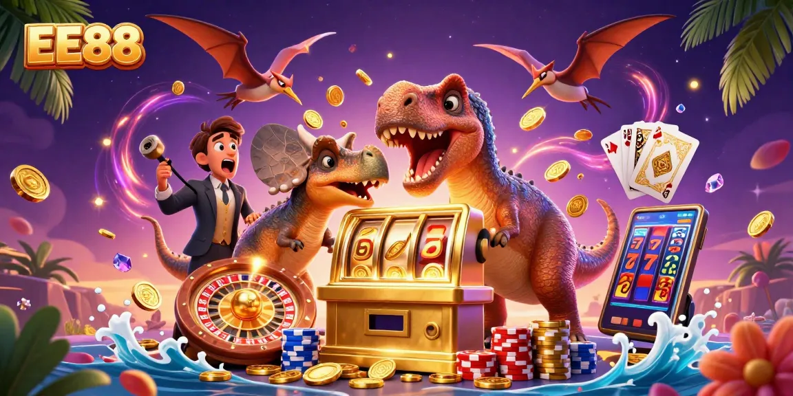 Catch the thrilling action at EE88 as a pachycephalosaurus headbutts a slot machine, showering golden coins!