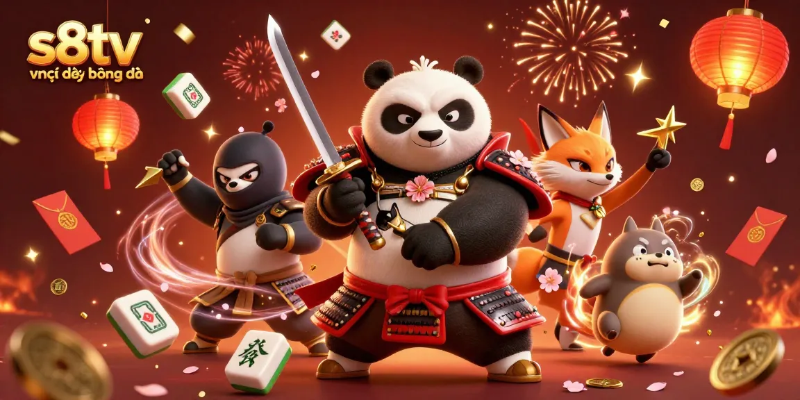 S8TV trực tiếp bóng đá scene featuring cartoon samurai panda and ninja fox in dynamic action.