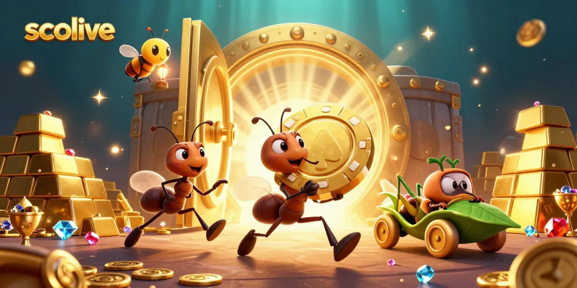 Socolive showcases ants heisting a giant poker chip while treasure bursts from a vault, bringing excitement.