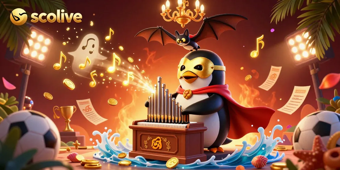 Socolive engages bettors with live sports betting action featuring a creative penguin playing an organ amidst vibrant symbols.