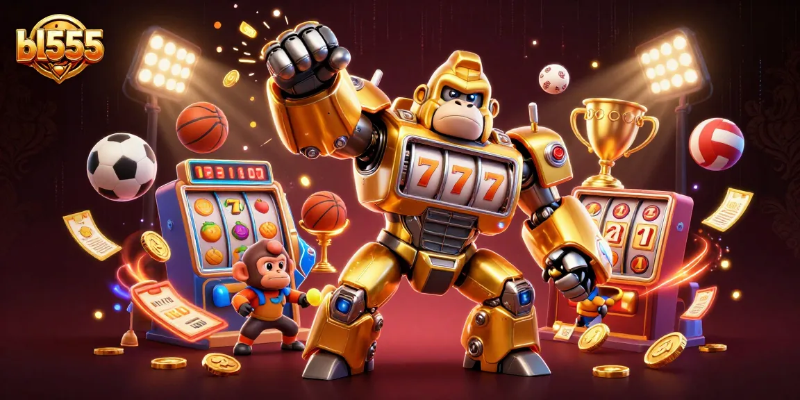 Experience thrilling jackpots with bl555 in this lively 3D casino scene featuring an engaging gorilla mech.