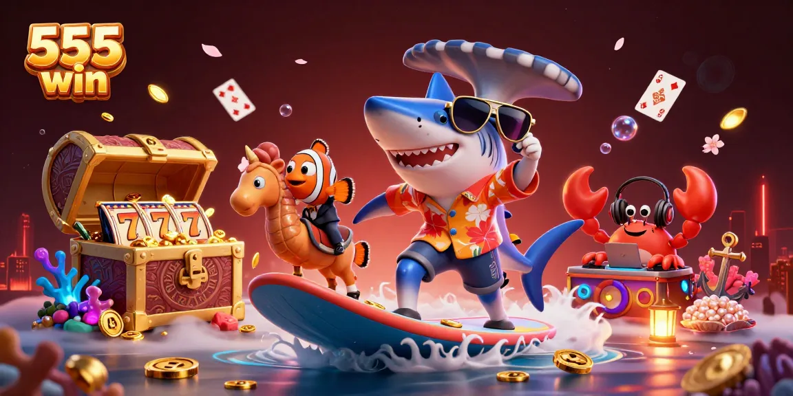 Experience the thrill of 555 win with a shark riding gold coins and vibrant slot games elements.