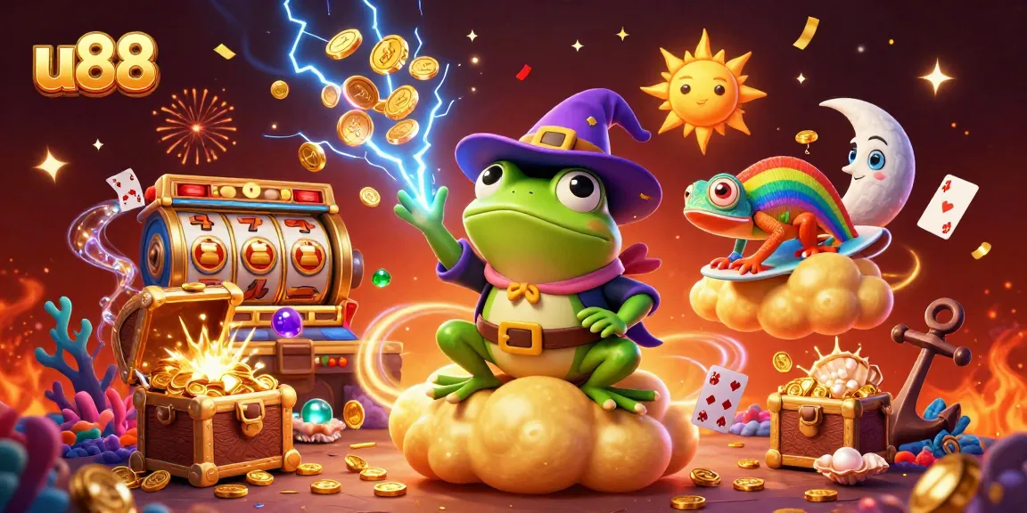 Experience magical wins with u88 as the weather wizard frog conjures golden coins in this vibrant casino scene.
