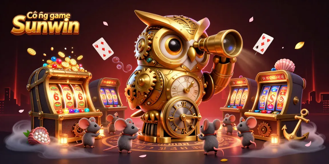 Cổng game Sunwin showcases a rich casino scene with a golden owl and lively game elements.