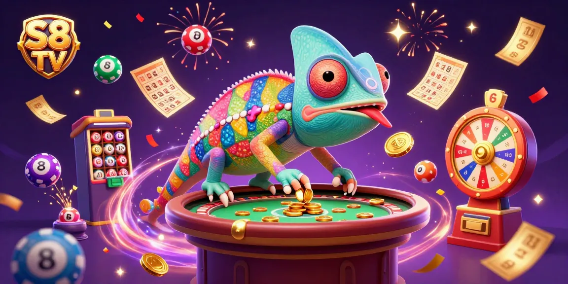 S8 TV attracts excitement with a dynamic casino scene, featuring a colorful chameleon owner celebrating gaming triumphs.