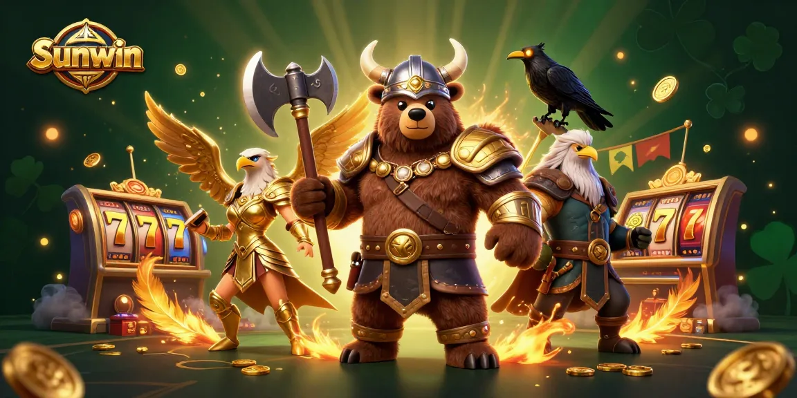 Experience the excitement of Sunwin with a Viking bear and Valkyrie eagle in a vibrant casino scene.