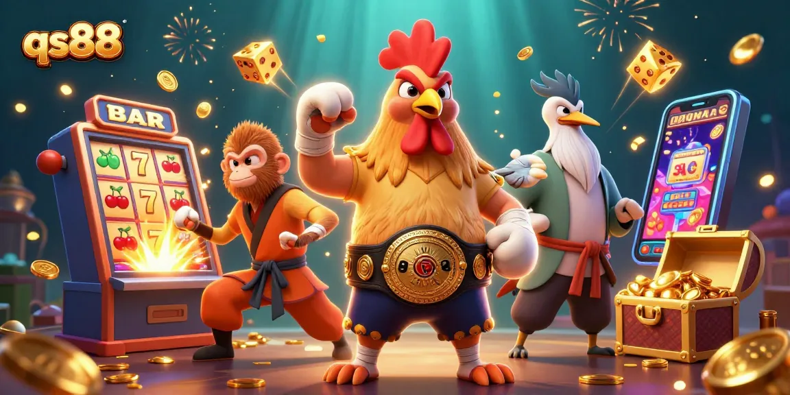 Experience thrilling jackpots at qs88 with a 3D illustration featuring exciting casino games and characters.