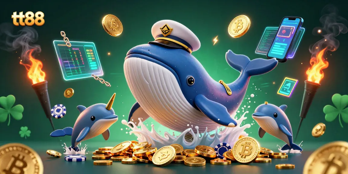 Experience thrilling tt88 adventures with a 3D whale, crypto elements, and engaging gaming scenes.