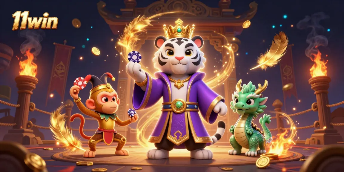 Engage with 11win at an exciting 3D casino scene featuring a white tiger, golden monkey, and jade dragon.