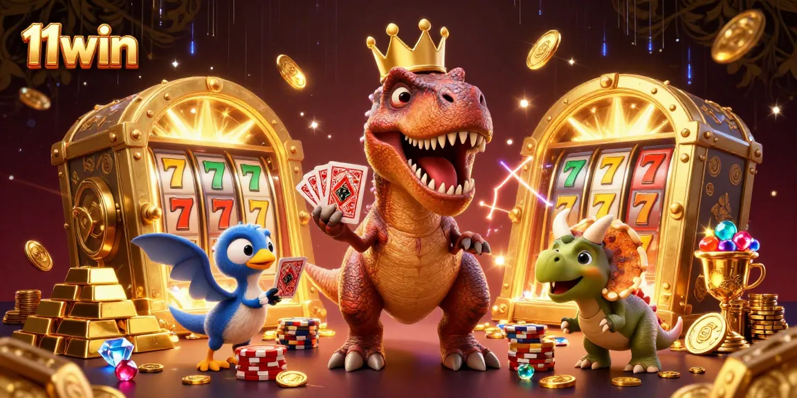Experience amusement with 11win as a T-Rex shuffles cards at a vibrant casino scene.