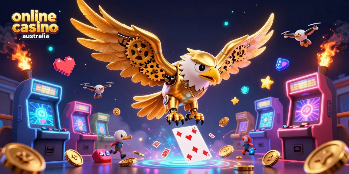 Experience excitement at online casino Australia with a 3D cybernetic eagle diving through holographic cards.