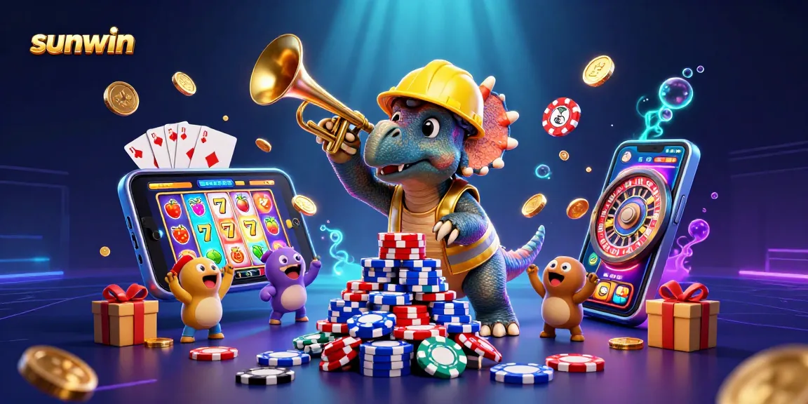 Experience the thrill of sunwin as the triceratops celebrates big wins with poker chips, vibrant slot games, and cheering companions.