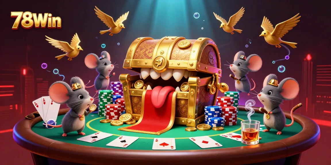 Engage in thrilling gameplay at 78Win with a vivid casino scene showcasing treasure and poker excitement.