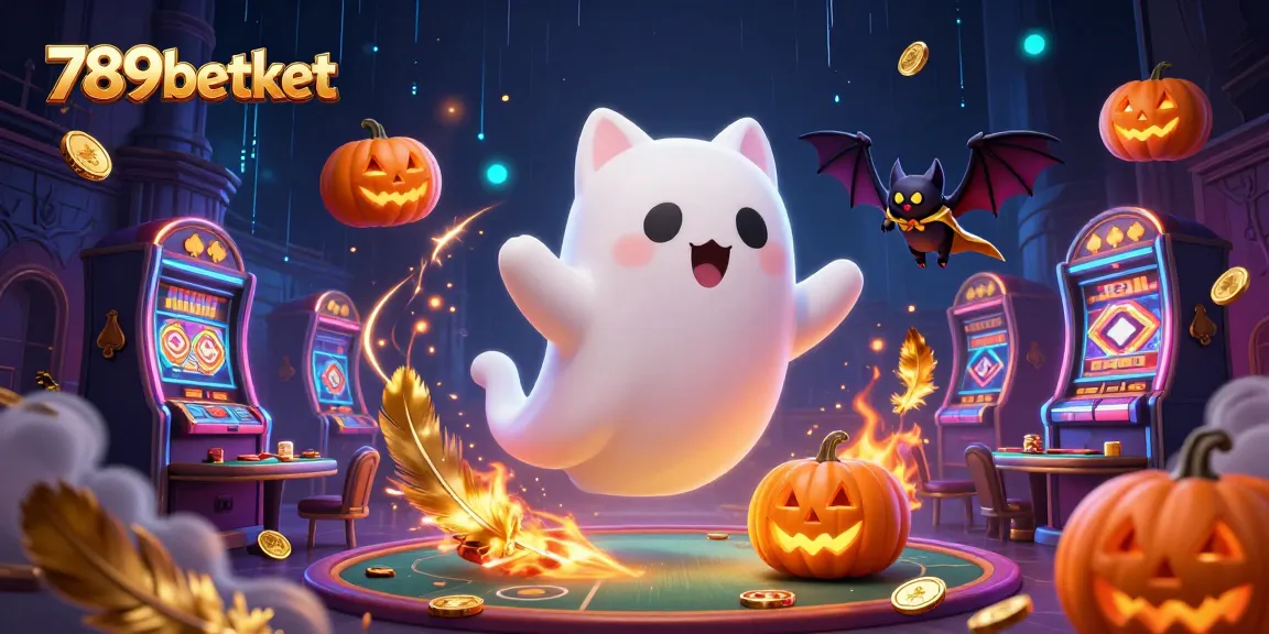 Immerse yourself in fun with 789betket's spooky casino adventure featuring a ghost cat and bat.