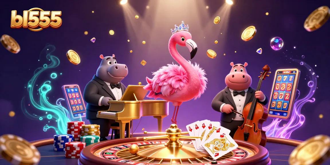Engage with bl555's vibrant casino scene featuring a flamingo singer and hippo bassist amidst gold coins and roulette.