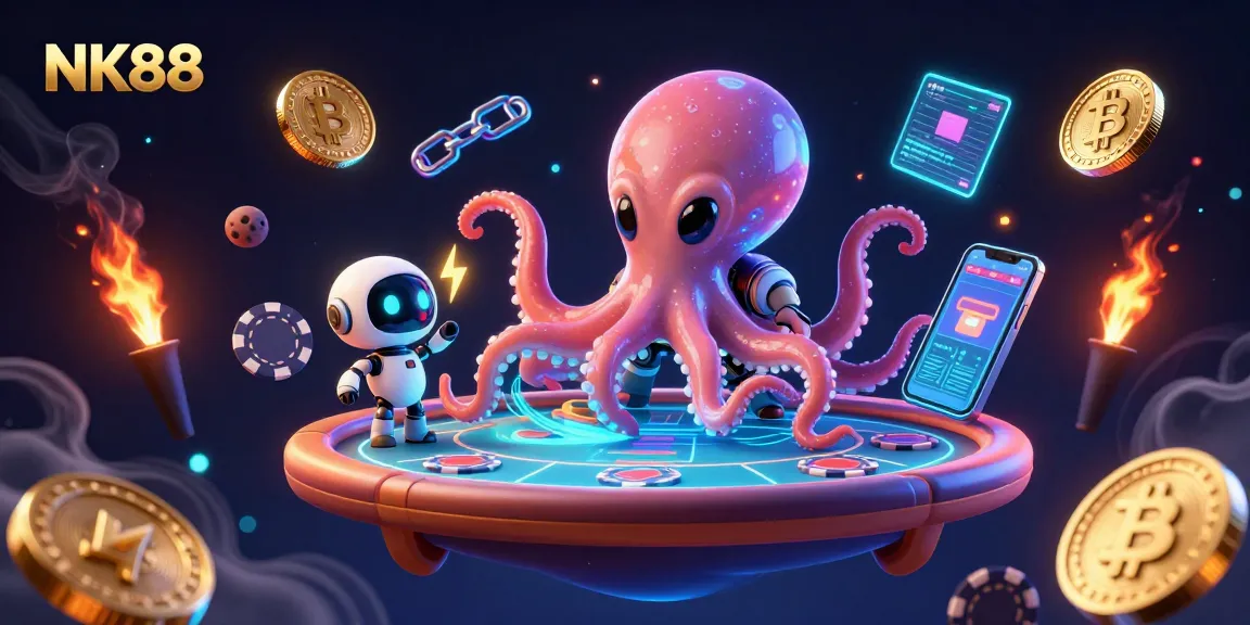 Experience thrilling action with NK88 as an alien octopus plays poker surrounded by crypto coins.