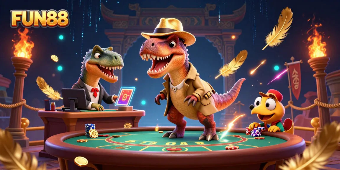 Experience the excitement at FUN88 with a thrilling casino scene featuring vibrant 3D characters in action.