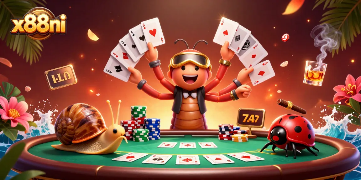 x88ni players engage in an exciting poker scene with a colorful dealer and vibrant casino elements.
