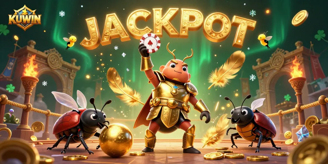 KUWIN showcases a victorious beetle champion raising a poker chip amidst a vibrant gaming spectacle.