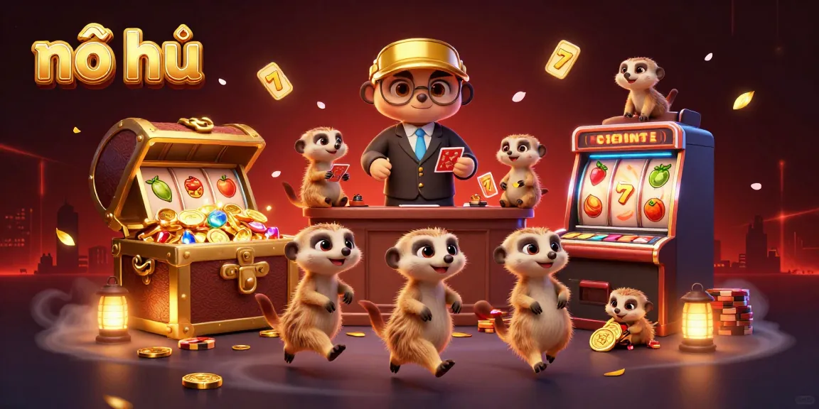 Engage with nổ hũ at a dynamic meerkat casino scene filled with vibrant slot elements and treasures.